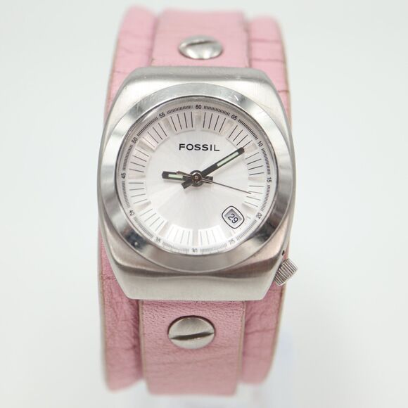 Fossil Womens Watch 29mm Silver Tone Date Dial Pink Leather Band w New Battery - Picture 5 of 14